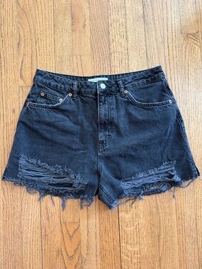 Topshop A-Line Black Distressed High-Waist Denim Shorts Size 8